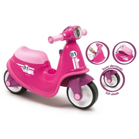 SMOBY Różowy jeździk skuter Ciche koła Pink Scooter SMOBY Różowy jeździk skuter Ciche koła Pink Scooter