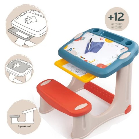 SMOBY Stolik z Tablicą Do Rysowania Biurko z Ławką + 12 akcesoriów SMOBY Stolik z Tablicą Do Rysowania Biurko z Ławką + 12 akcesoriów