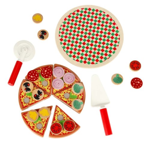 Pizza drewniany zestaw do zabawy na rzep akcesoria łopatka nóż talerz nauka krojenia 20cm Pizza drewniany zestaw do zabawy na rzep akcesoria łopatka nóż talerz nauka krojenia 20cm