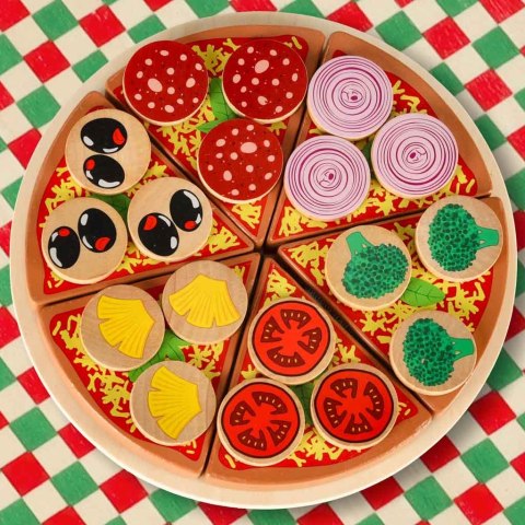 Pizza drewniany zestaw do zabawy na rzep akcesoria łopatka nóż talerz nauka krojenia 20cm Pizza drewniany zestaw do zabawy na rzep akcesoria łopatka nóż talerz nauka krojenia 20cm