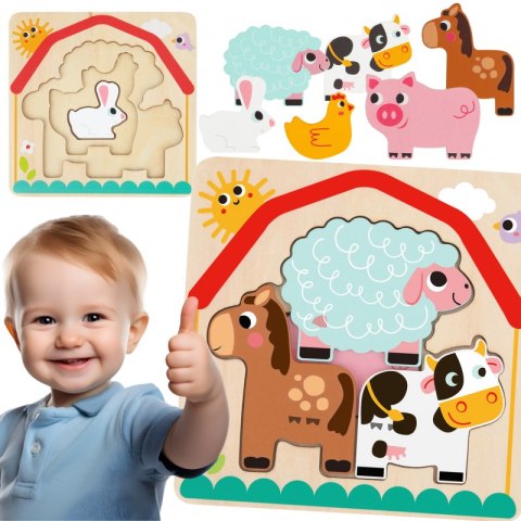 TOOKY TOY Drewniane Puzzle Montessori Wielowarstwowe Tablica Zwierzątka na Farmie 7 el. TOOKY TOY Drewniane Puzzle Montessori Wielowarstwowe Tablica Zwierzątka na Farmie 7 el.