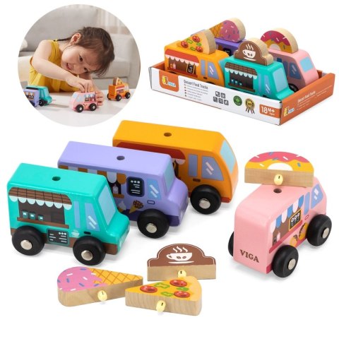 VIGA Drewniany Zestaw Food Trucki Pojazdy cukierni 4 autka VIGA Drewniany Zestaw Food Trucki Pojazdy cukierni 4 autka