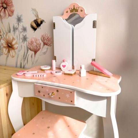 TOOKY TOY Drewniana Toaletka z Krzesełkiem Składane Lusterko Akcesoria 15 el. TOOKY TOY Drewniana Toaletka z Krzesełkiem Składane Lusterko Akcesoria 15 el.