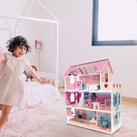Domek dla lalek drewniany MDF mebelki 70cm różowy LED Domek dla lalek drewniany MDF mebelki 70cm różowy LED