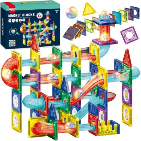 WOOPIE Klocki Magnetyczne Konstrukcyjne 3D Zestaw Edukacyjny Tor Kulkowy Kulodrom LED 105el.