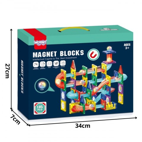 WOOPIE Klocki Magnetyczne Konstrukcyjne 3D Zestaw Edukacyjny Tor Kulkowy Kulodrom LED 105el. WOOPIE Klocki Magnetyczne Konstrukcyjne 3D Zestaw Edukacyjny Tor Kulkowy Kulodrom LED 105el.