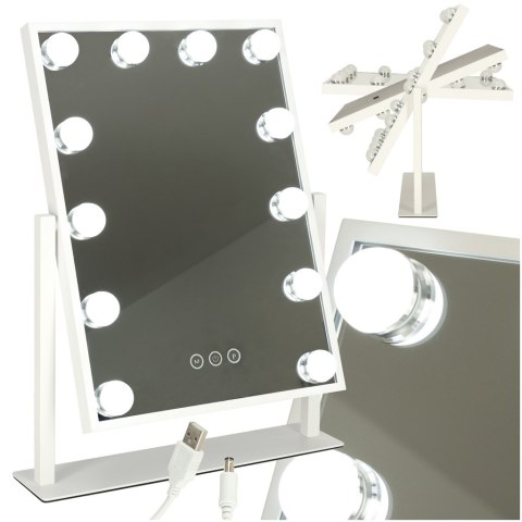 Lusterko do makijażu kosmetyczne podświetlane 12 LED Hollywood z 12 żarówkami USB 30 x 40 cm Lusterko do makijażu kosmetyczne podświetlane 12 LED Hollywood z 12 żarówkami USB 30 x 40 cm
