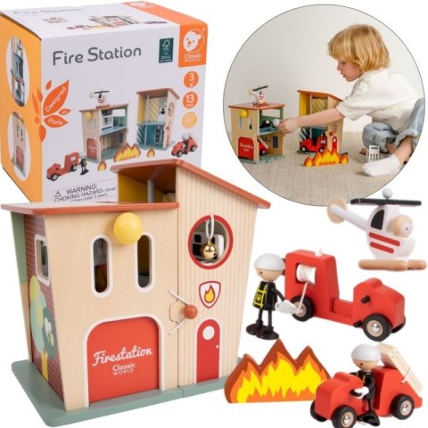 CLASSIC WORLD Remiza Strażacka Drewniana Garaż Auto Helikopter Figurki 13el.